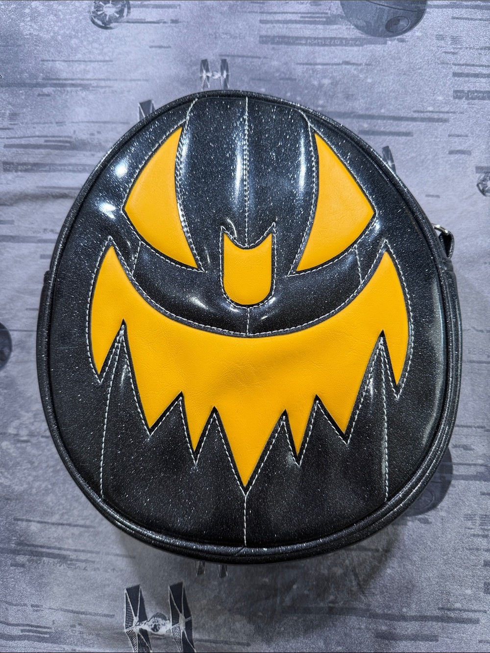 LOVE PAIN AND STITCHES EVIL OVAL BAT BAG BLACK GLITTER YELLOW MATTE HANDCRAFTED